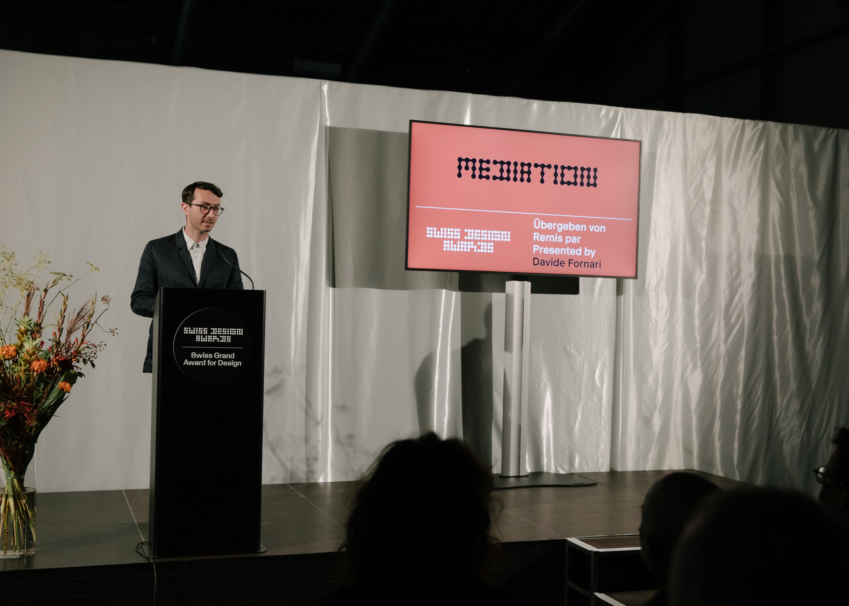 Swiss Design Awards ceremony. Davide Fornari presenting the winners of the Mediation category