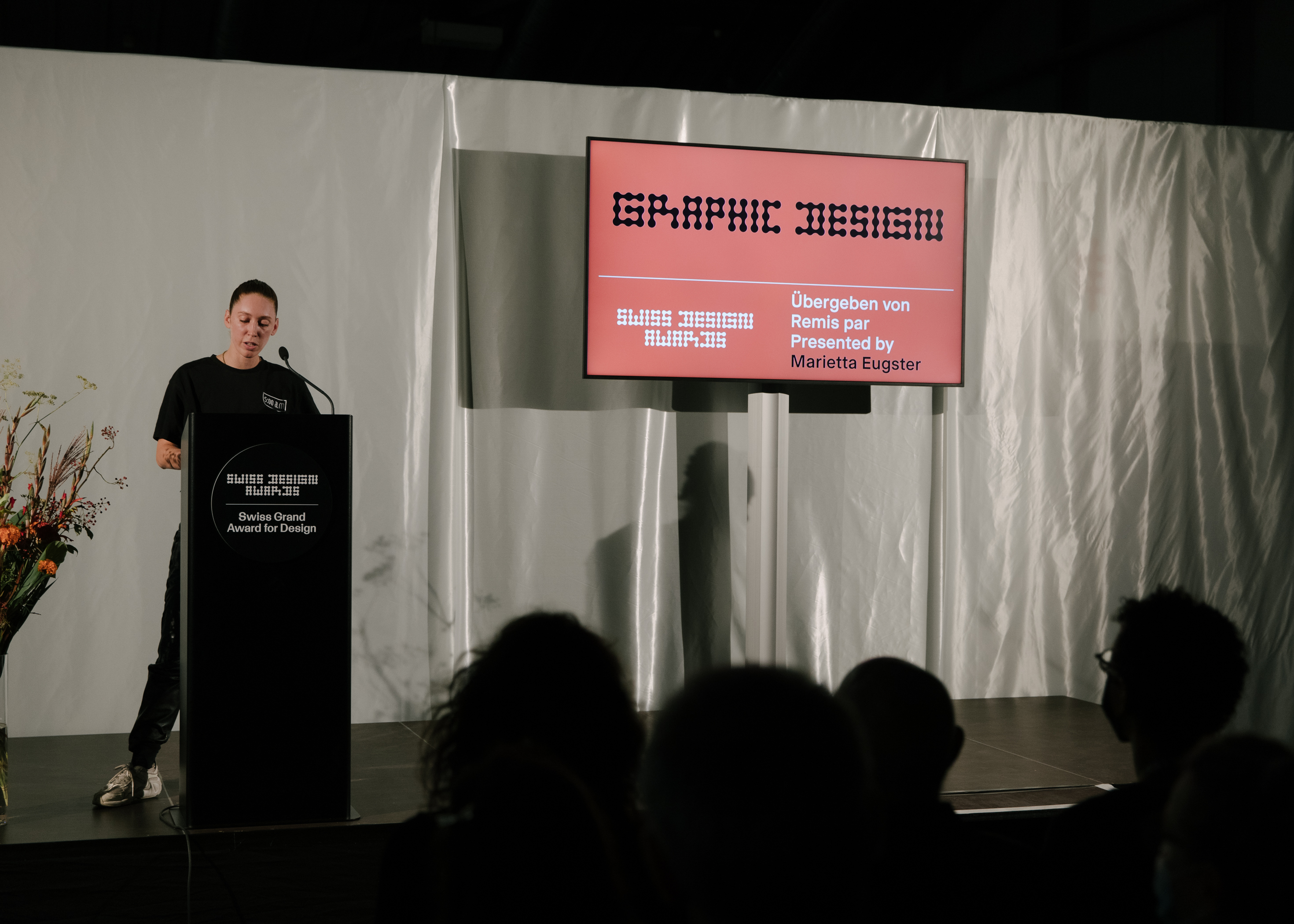 Swiss Design Awards ceremony. Marietta Eugster presenting the winners of the Graphic Design category