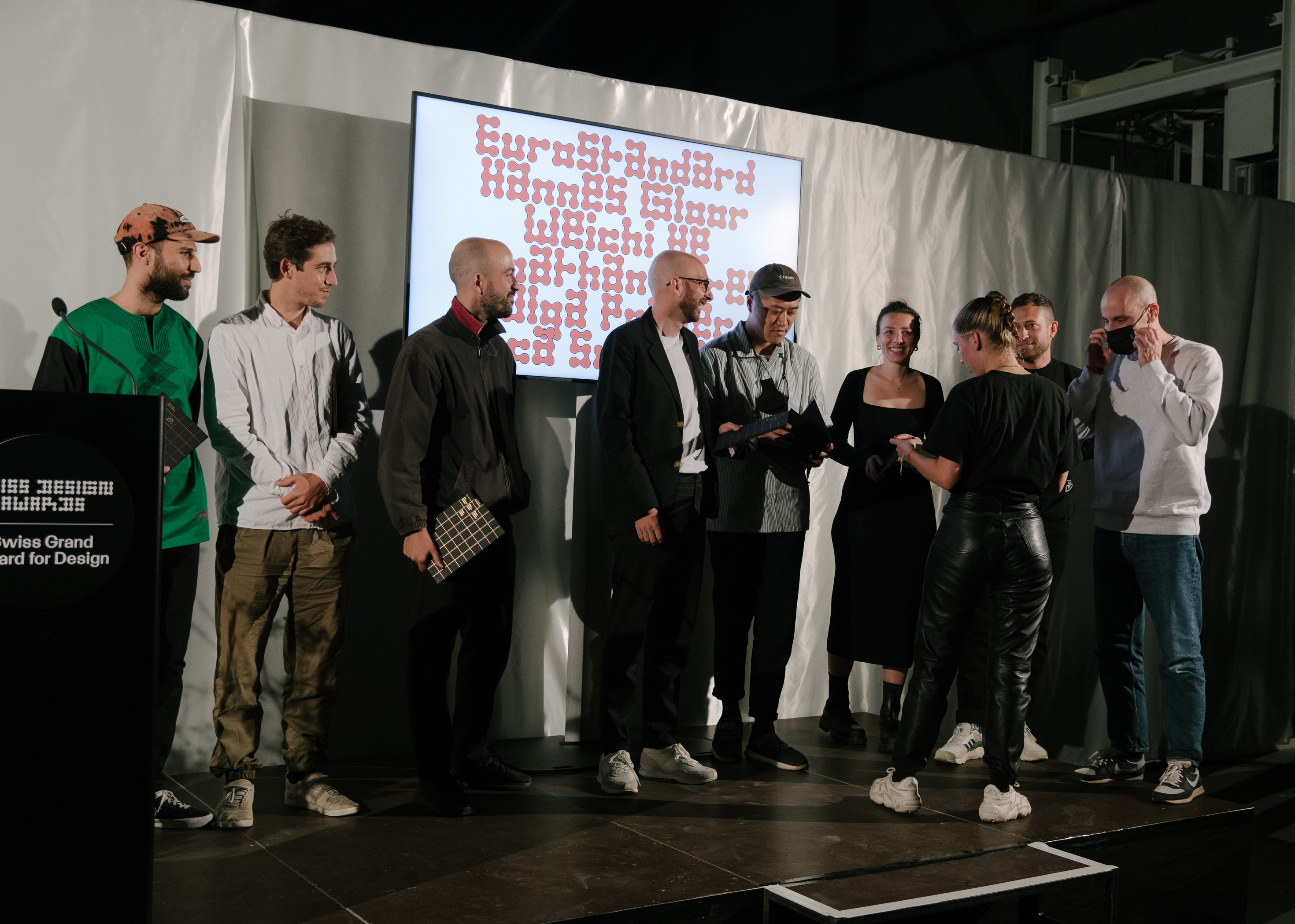 Swiss Design Awards ceremony. Ali-Eddine Abdelkhalek, Pierrick Brégeon, Clément Rouzaud, Jonathan Hares, Weichi He, Olga Prader, Luca Schenardi, Hannes Gloor