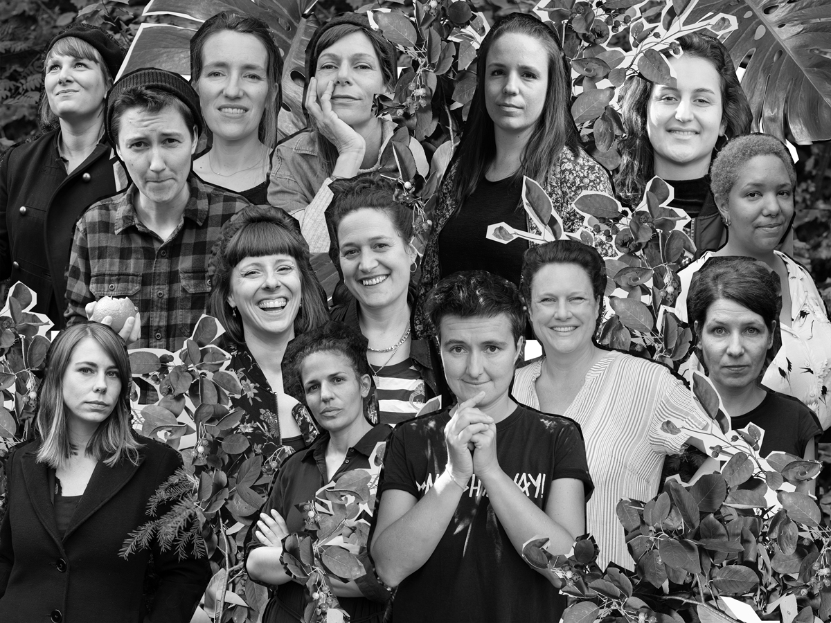 Un collage de portraits des quatorze membres de l'équipe de Helvetiarockt.